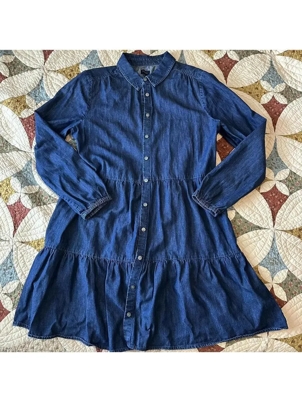 J Crew Shirt Dress Denim Chambray Long Sleeve Button Front Tiered Size 12 spring